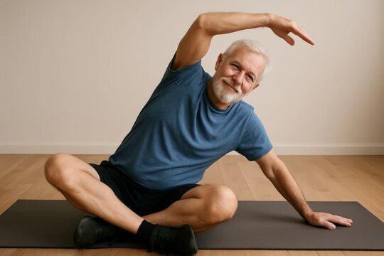 Senior man stretching on a yoga mat in a calm home environment, promoting fitness and well-being for older adults. - Powered by Adobe