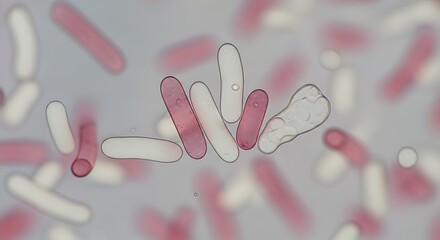 Microscopic view of rod shaped bacteria cells with vibrant pink and white colors