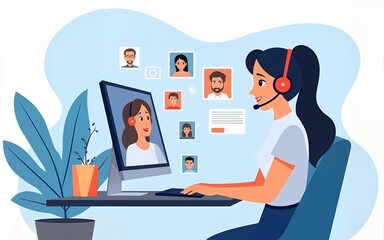 Сall center, call processing system. Customer service, hotline operators advise clients with headsets on laptops,  24 Hours, 7 Days A Week, Global online technical support. Flat illustration