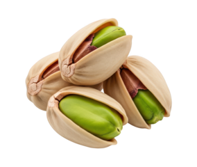Pile of four roasted pistachios in open shells, revealing vibrant green nuts, isolated on transparent background