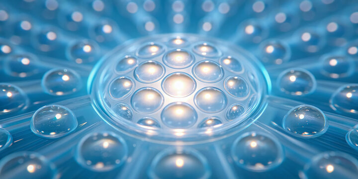 Glowing membrane structure spherical cell microbubble pattern blue abstract bio inspired design translucent sphere futuristic texture fluid geometry luminous surface scientific background