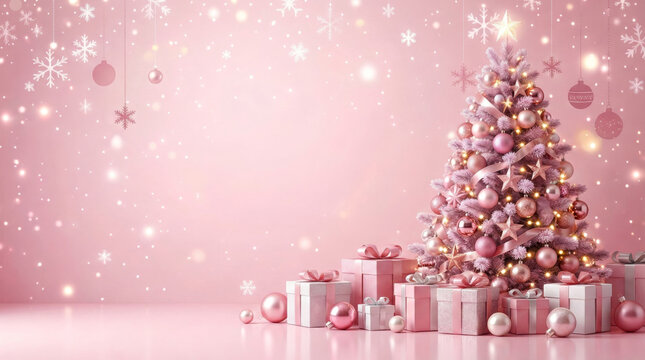 Pink Christmas Tree with Gifts and Baubles in a Magical Winter Background