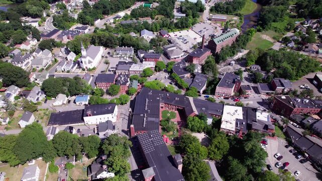 Fly past the historic Amesbury, Massachusetts town center traffic rotary.