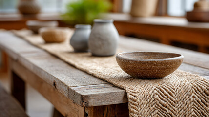 Rustic wooden table with ceramic bowls and pottery decor.