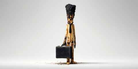 Hyper-realistic Surreal Full Figure of a Burnt Matchstick Businessman, Symbolizing Workplace Burnout, Emotional Exhaustion, Chronic Work-Related Stress, on White Background, Copy Space. Generative Ai.