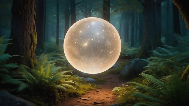 Enigmatic glowing orb suspended in a sun-dappled forest clearing, surrounded by lush ferns and ancient trees, evoking a sense of magic and mystery
