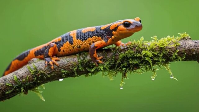 An orange and black salamander rests on a moss-covered branch with water droplets against a soft green background