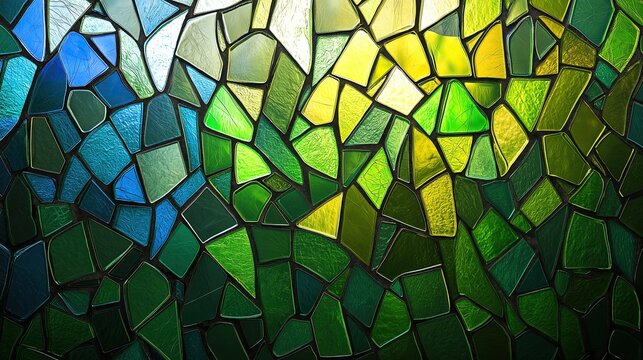 Vibrant stained glass pattern in shades of green, blue, and yellow creates an abstract mosaic design with a gradient background - Powered by Adobe
