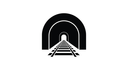 A striking graphic of a tunnel entrance with converging railroad tracks a bold silhouette