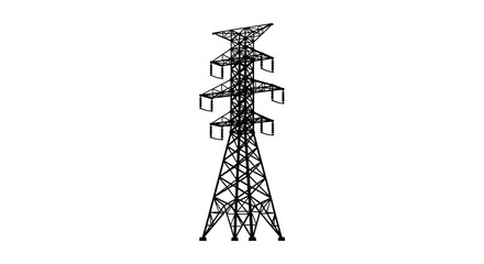 Detailed depiction of a towering electrical transmission pylon structure in black silhouette