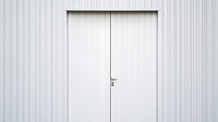 Minimalist architectural shot of a white double door set against a textured white wall, creating a clean, modern, and simple aesthetic. The lines create contrast and depth.