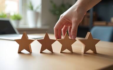 Hand putting wooden five star shape on table. The best excellent business services rating customer experience concept. High quality