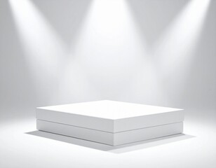 White Exhibition Pedestal Under Triple Spotlight in Minimalist Monochrome Environment