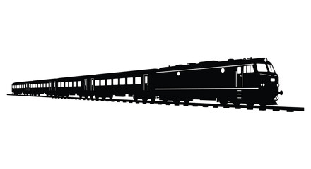 A sleek passenger train traveling on railway tracks depicted as a striking black silhouette © nhpvect02