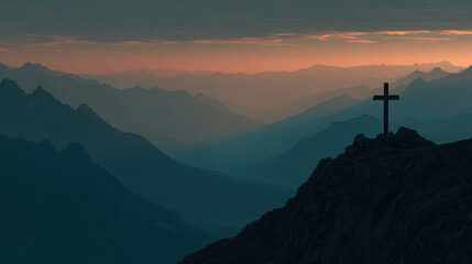 Christian cross standing on mountain peak at sunrise