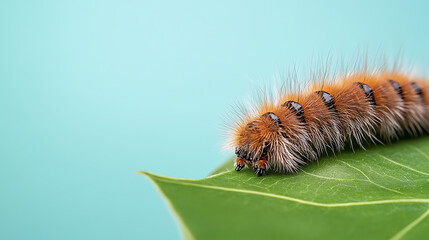 Detailed closeup of a woolly bear caterpillar, its fuzzy body with alternating orange and black stripes gracefully rests upon a vibrant green leaf against a light blue background.