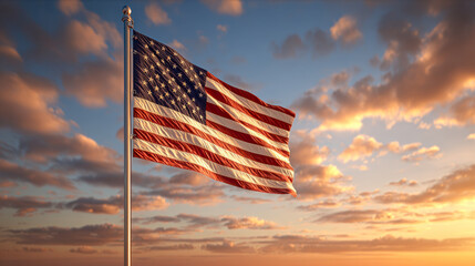 American flag waving against a colorful sunset sky