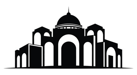 Detailed black silhouette of a grand building with a central dome and arched doorways silhouette