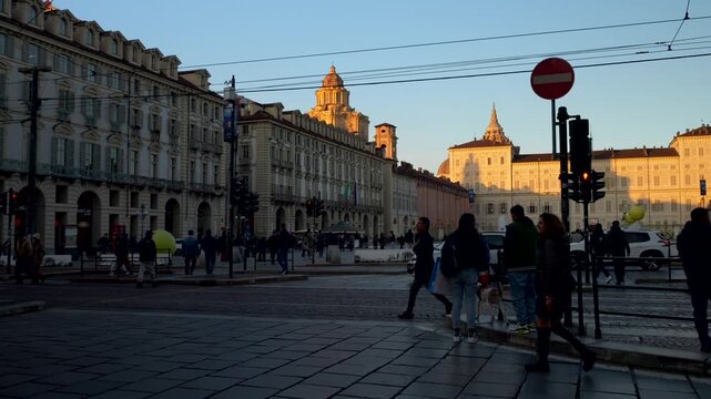 Italy, Turin, 11-10-2024. Castle sqaure at sunset. City center of Turin. Slow motion 4K