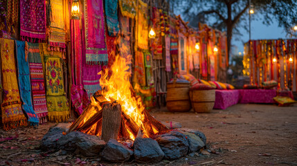 Vibrant cultural festival bonfire burning at market stall