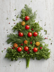 Christmas tree shape made from fresh dill, parsley and cherry tomatoes, promoting healthy eating during the holidays