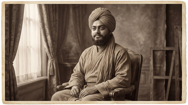 Swami Vivekananda Sitting in a Chair, Historical Portrait, Vintage Sepia Tone