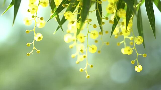 Delicate golden mimosa blossoms hanging gracefully from slender racemes in sunlit greenery