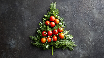 Christmas tree shape made from fresh dill, parsley and cherry tomatoes, promoting healthy eating during the holidays