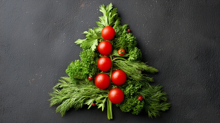 Christmas tree shape made from fresh dill, parsley and cherry tomatoes, promoting healthy eating during the holidays