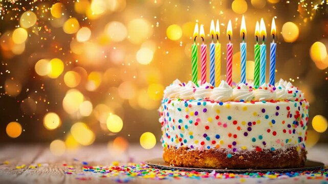 A cake decorated with colorful candles and sprinkles sits on a wooden table, lit by soft golden lights during a joyful birthday party