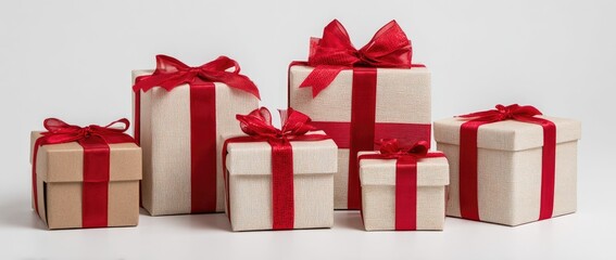 Group of gifts wrapped in paper and ribbons on white