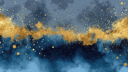 Abstract watercolor art with blue and gold hues, depicting a celestial or cosmic theme