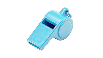 Bright Blue Plastic Whistle With Silver Metal Ring Isolated On Transparent Background Studio Shot