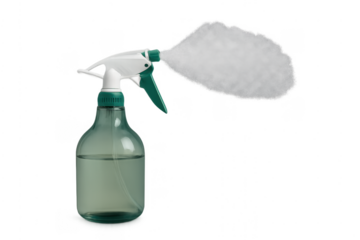 Green plastic spray bottle dispensing mist cloud