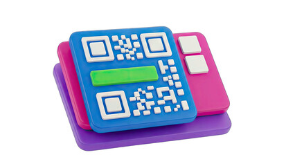 Colorful 3D QR Code Interface With Green Input Field And White Squares On Stacked Purple Pink And Blue Background Elements Isolated On Transparent Background