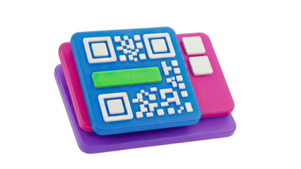 Colorful 3D QR Code Interface With Green Input Field And White Squares On Stacked Purple Pink And Blue Background Elements Isolated On Transparent Background