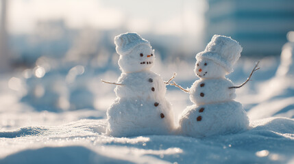 Cute snowmen holding hands in snowy landscape on winter day