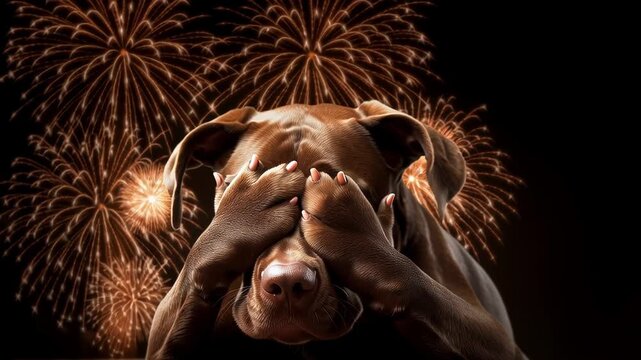 Scared dog covering eyes with paws during fireworks celebration. Video.