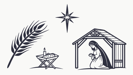 Christmas Nativity Scene Line Art Icons Set with Mary, Manger, Star and Wheat Stalk