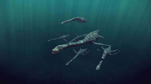 A School of Plesiosaurs Swimming in the Deep Ocean - Ancient Sea Creatures 3D Render