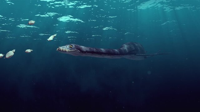 Plesiosaur Predator Underwater Hunt for Belemnite in Deep Blue Cretaceous Ocean
