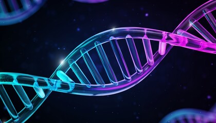 Futuristic glass DNA double helix structure glowing with bioluminescent cyan and purple gradients