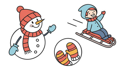 Happy child sledding downhill past a friendly snowman with a close-up of warm mittens perfect for winter activity illustrations and seasonal designs