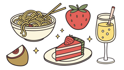 Hand-drawn food and drink illustration set featuring noodles cake strawberry peach slice and sparkling juice perfect for culinary graphics and menu design