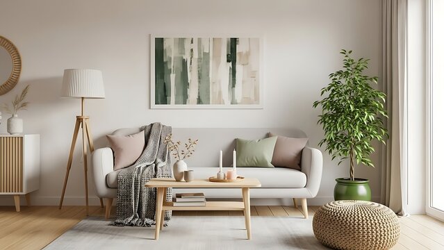 Cozy Home Interior: An inviting living space showcasing modern furniture, soft textures, and natural light, creating a serene and comfortable ambiance.