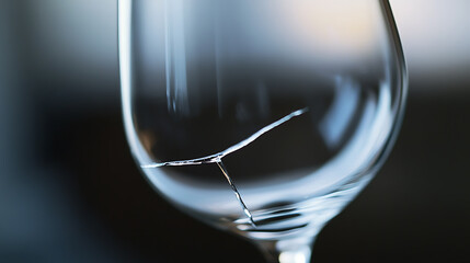 Close-up of a crystal wine glass that is cracked, displaying a fracture line. The glass is set against a dark background, drawing attention to the glass's fragility. (174 characters)