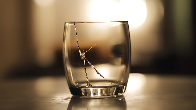 A clear drinking glass sits on a reflective surface, marred by a significant crack that splinters across its body, subtly lit against a blurred, neutral backdrop, capturing fragility.