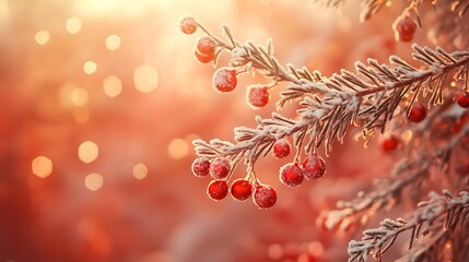 Golden light bokeh on pine branches with red baubles snowy red backdrop
