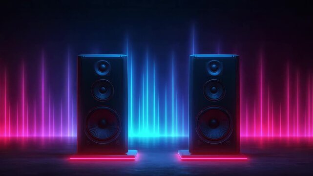 Two speakers create dynamic sound waves while illuminated by colorful neon lights that enhance the atmosphere in a dark environment