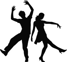 Dancing couple silhouette, expressive movement, black figures, minimal style, rhythm pose, celebration gesture, man and woman, performance art, elegance